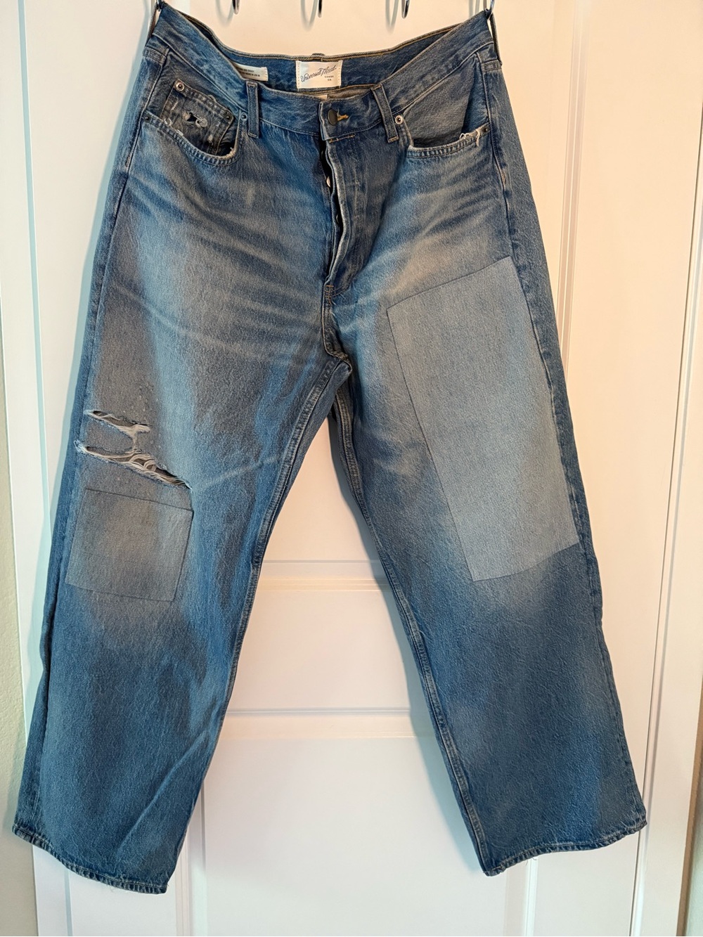 Universal Thread Straight Leg Patchwork Jeans in Light Blue
